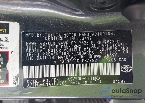 2012 Toyota Camry Le z USA, uszkodzony, nr VIN 4T1BF1FK0CU087882